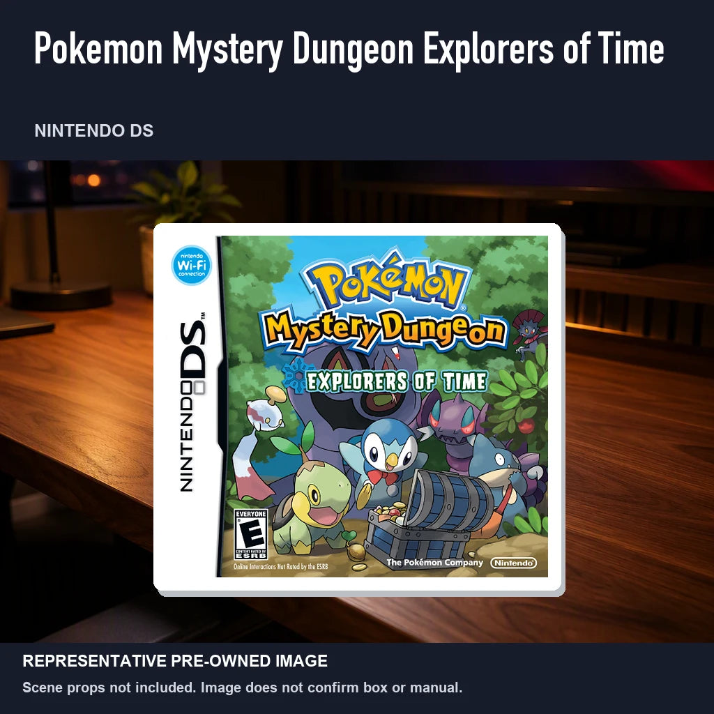 Representative pre-owned Pokemon Mystery Dungeon Explorers of Time (Nintendo DS), product image in a styled desk scene.