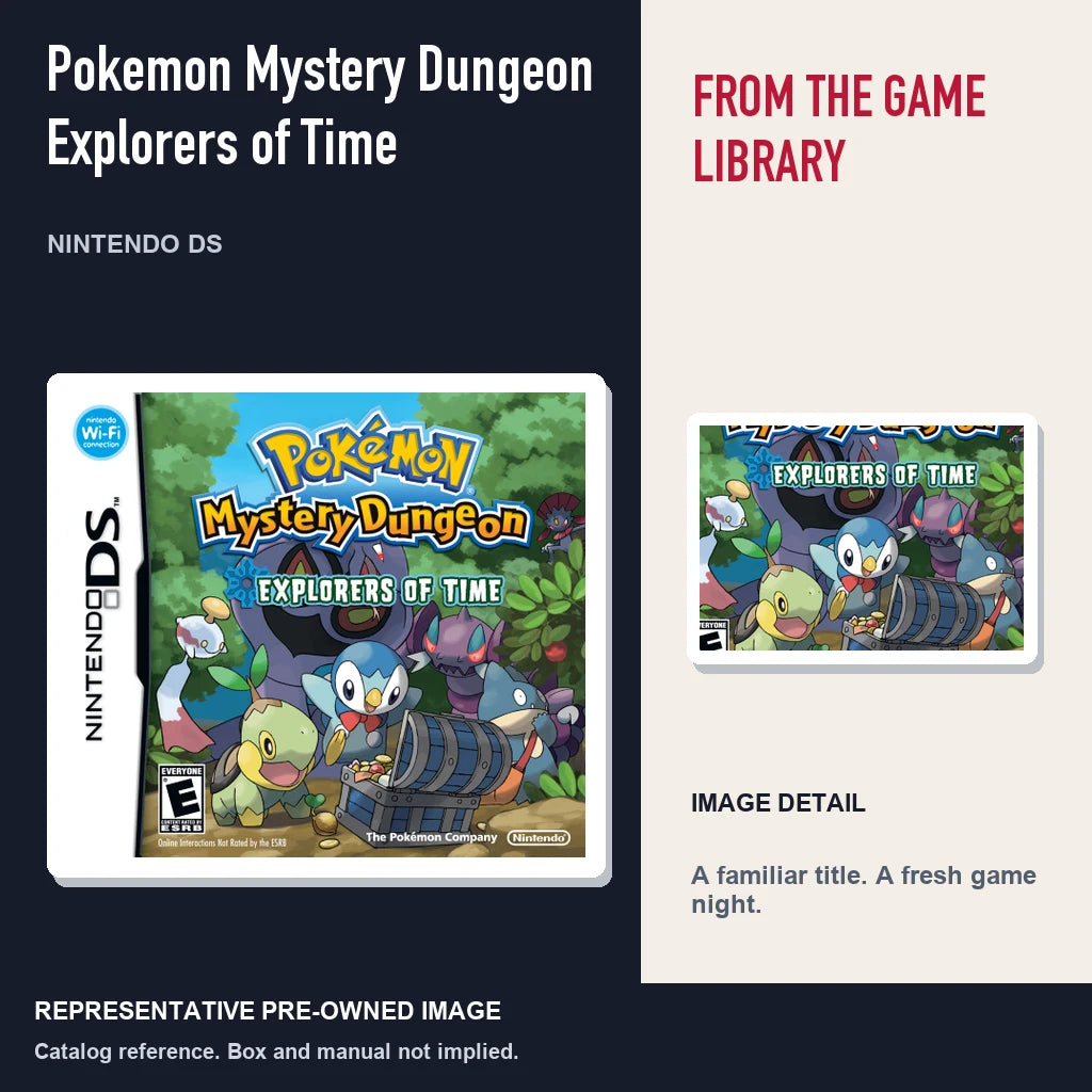 Representative pre-owned Pokemon Mystery Dungeon Explorers of Time (Nintendo DS), editorial image and detail.