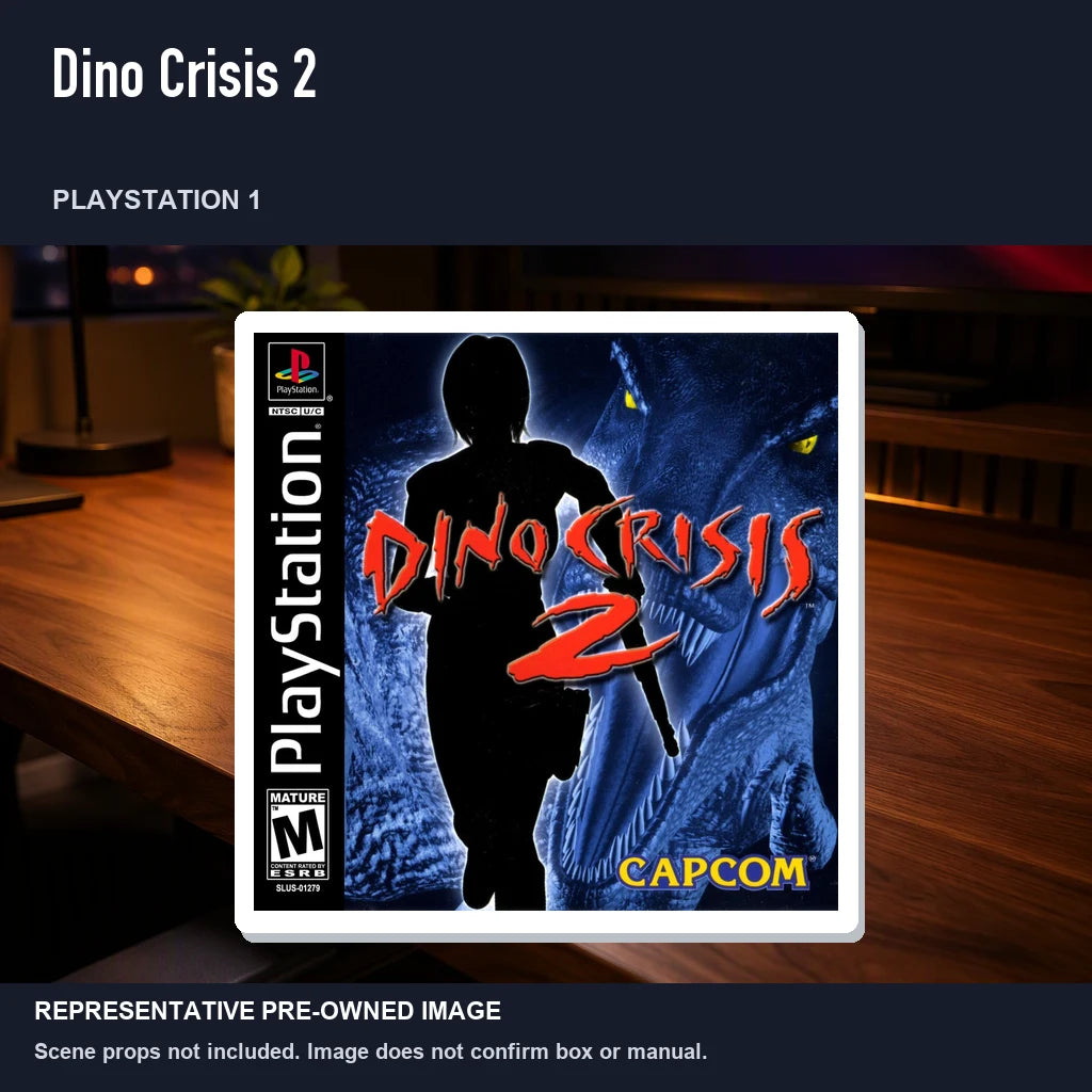 Representative pre-owned Dino Crisis 2 (PlayStation 1), product image in a styled desk scene.