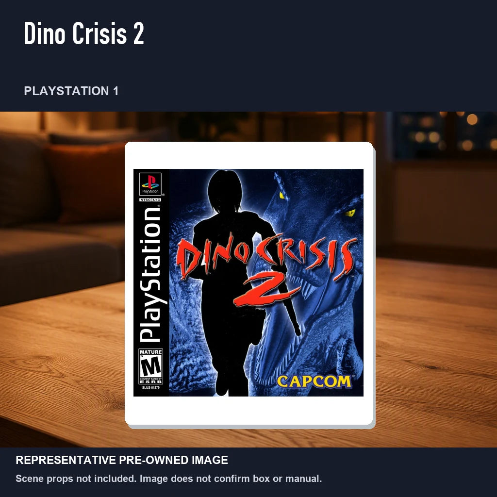 Representative pre-owned Dino Crisis 2 (PlayStation 1), product image in a styled room scene.