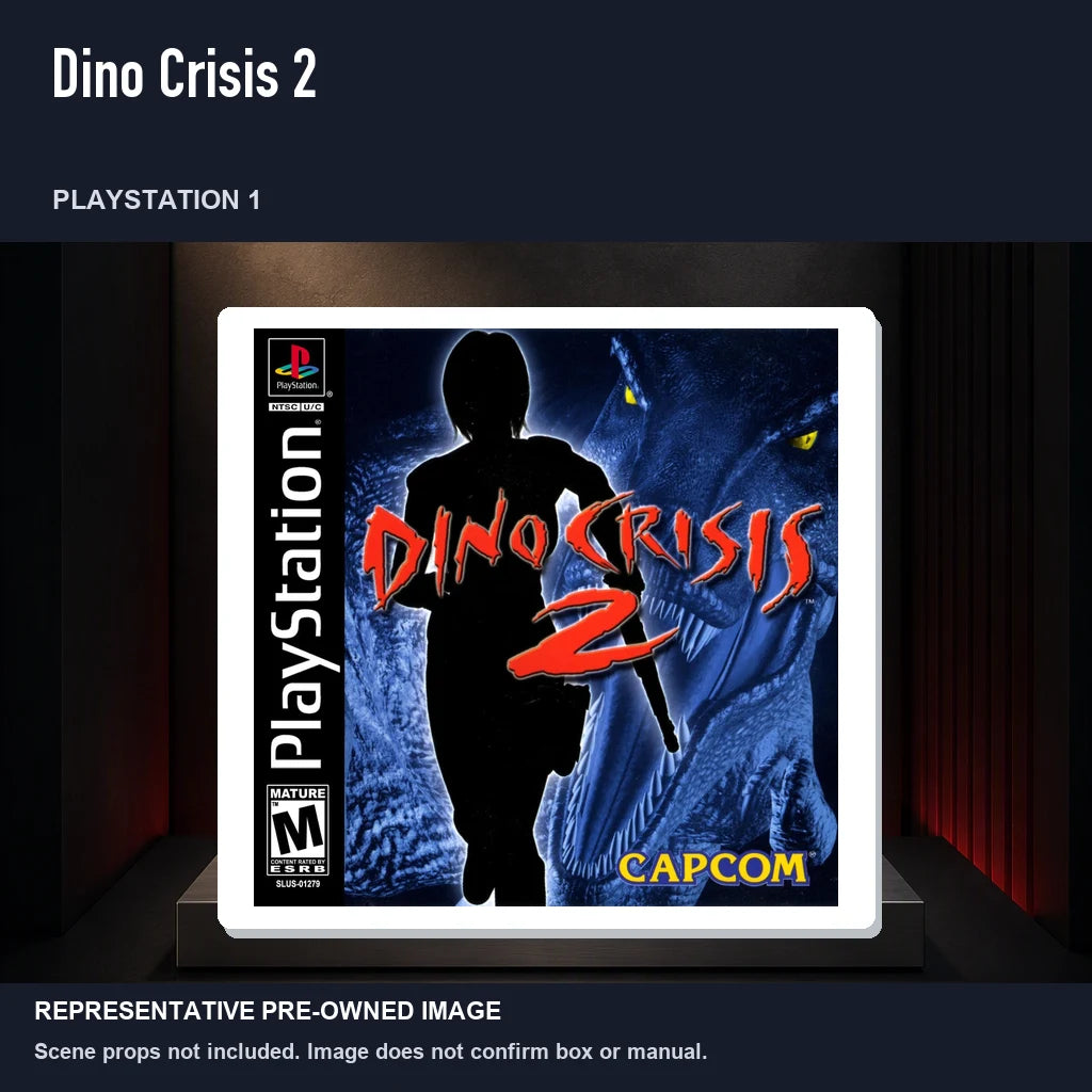 Representative pre-owned Dino Crisis 2 (PlayStation 1), product image on a display panel.