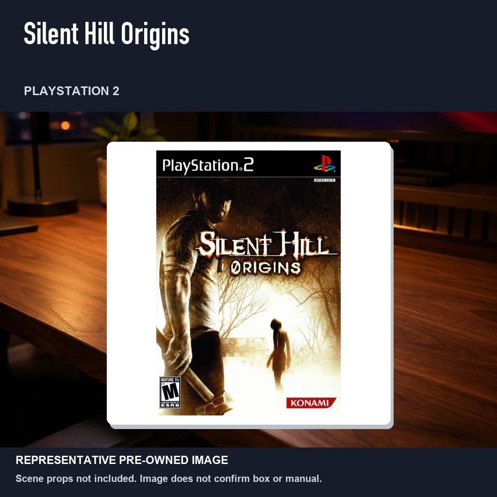 Representative pre-owned Silent Hill Origins (PlayStation 2), product image in a styled desk scene.