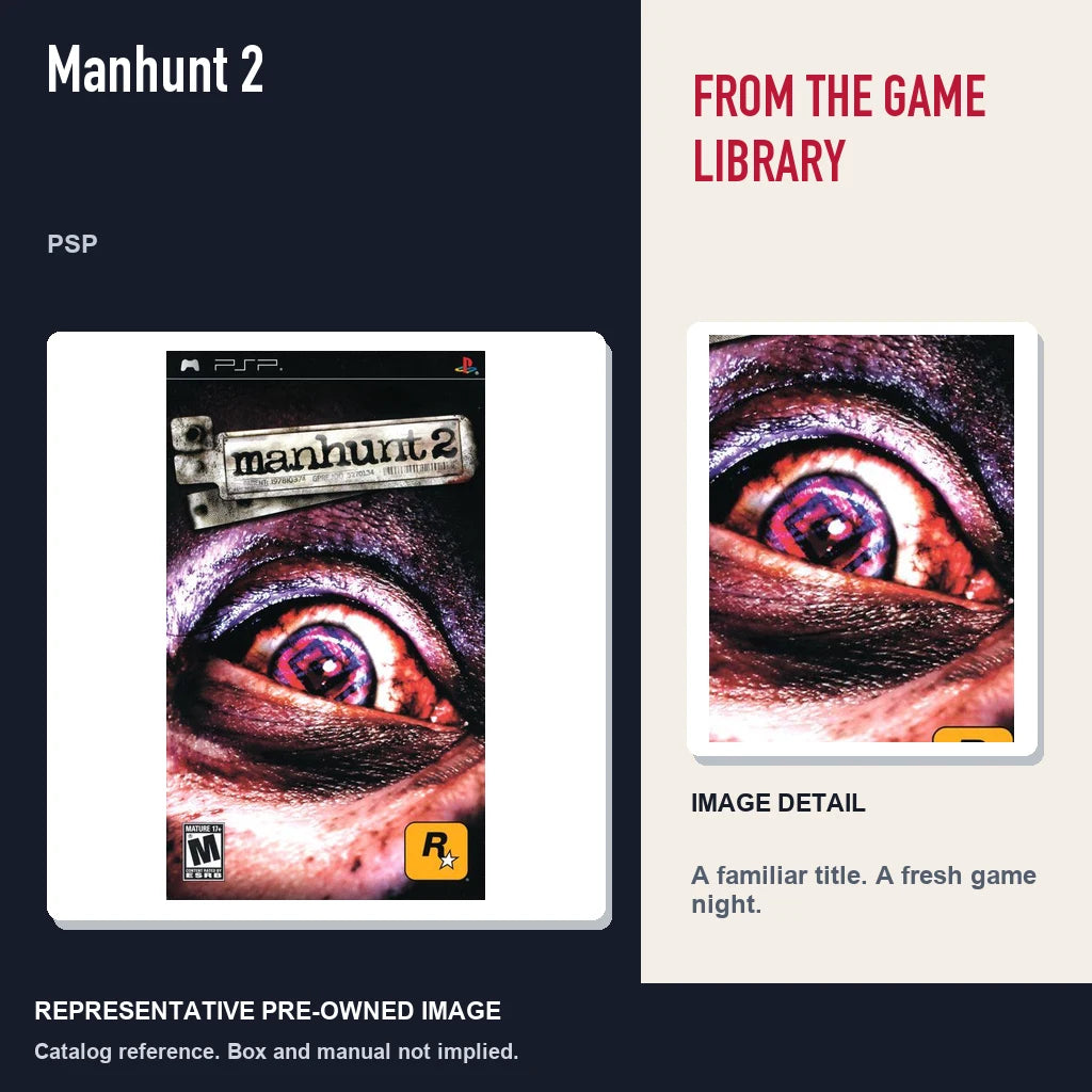 Representative pre-owned Manhunt 2 (PSP), editorial image and detail.