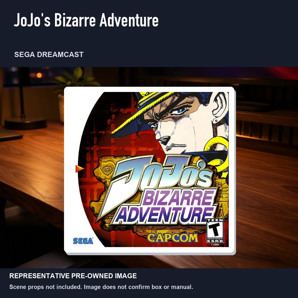 Representative pre-owned JoJo's Bizarre Adventure (Sega Dreamcast), product image in a styled desk scene.