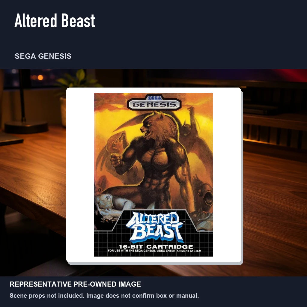 Representative pre-owned Altered Beast (Sega Genesis), product image in a styled desk scene.