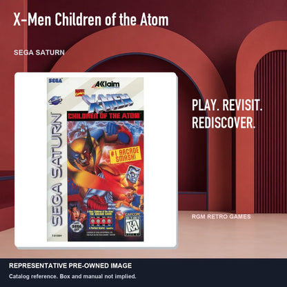 Representative pre-owned X-Men Children of the Atom (Sega Saturn), red retro product layout.