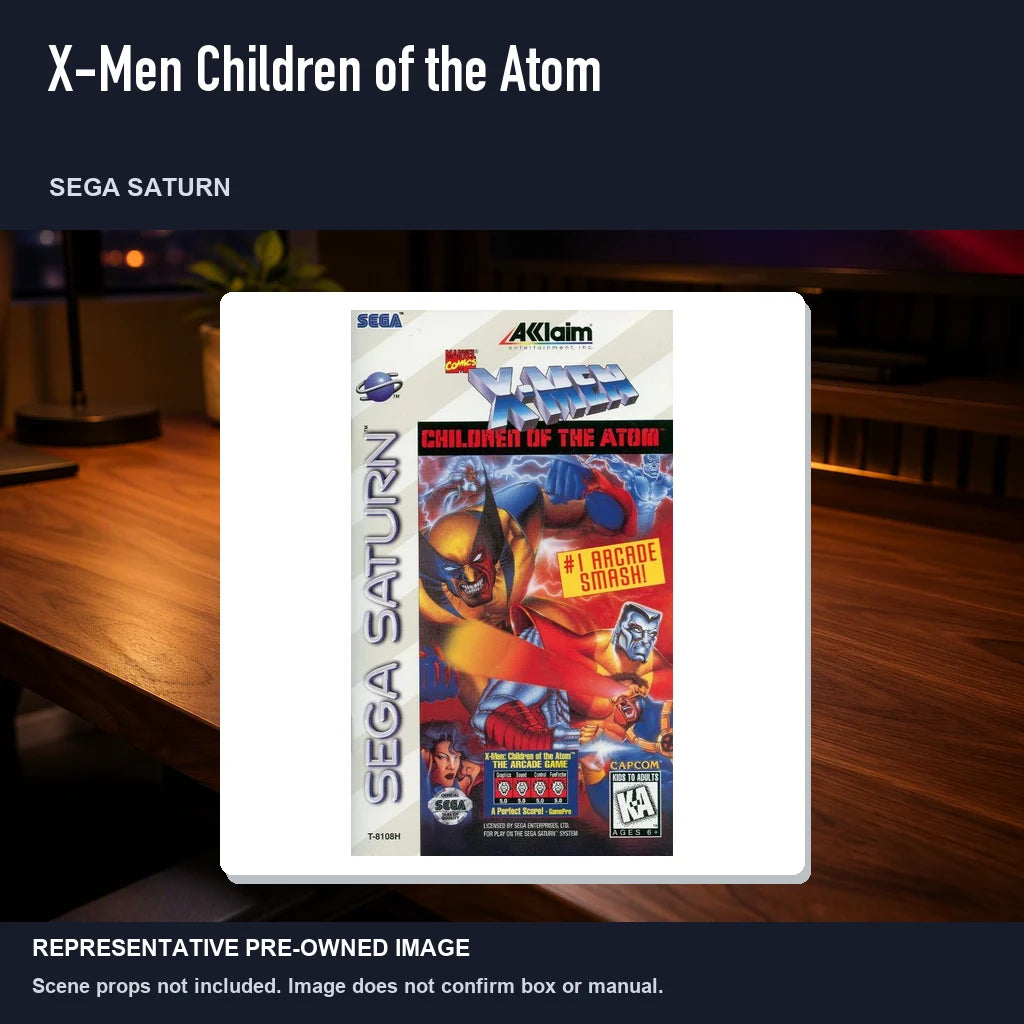 Representative pre-owned X-Men Children of the Atom (Sega Saturn), product image in a styled desk scene.