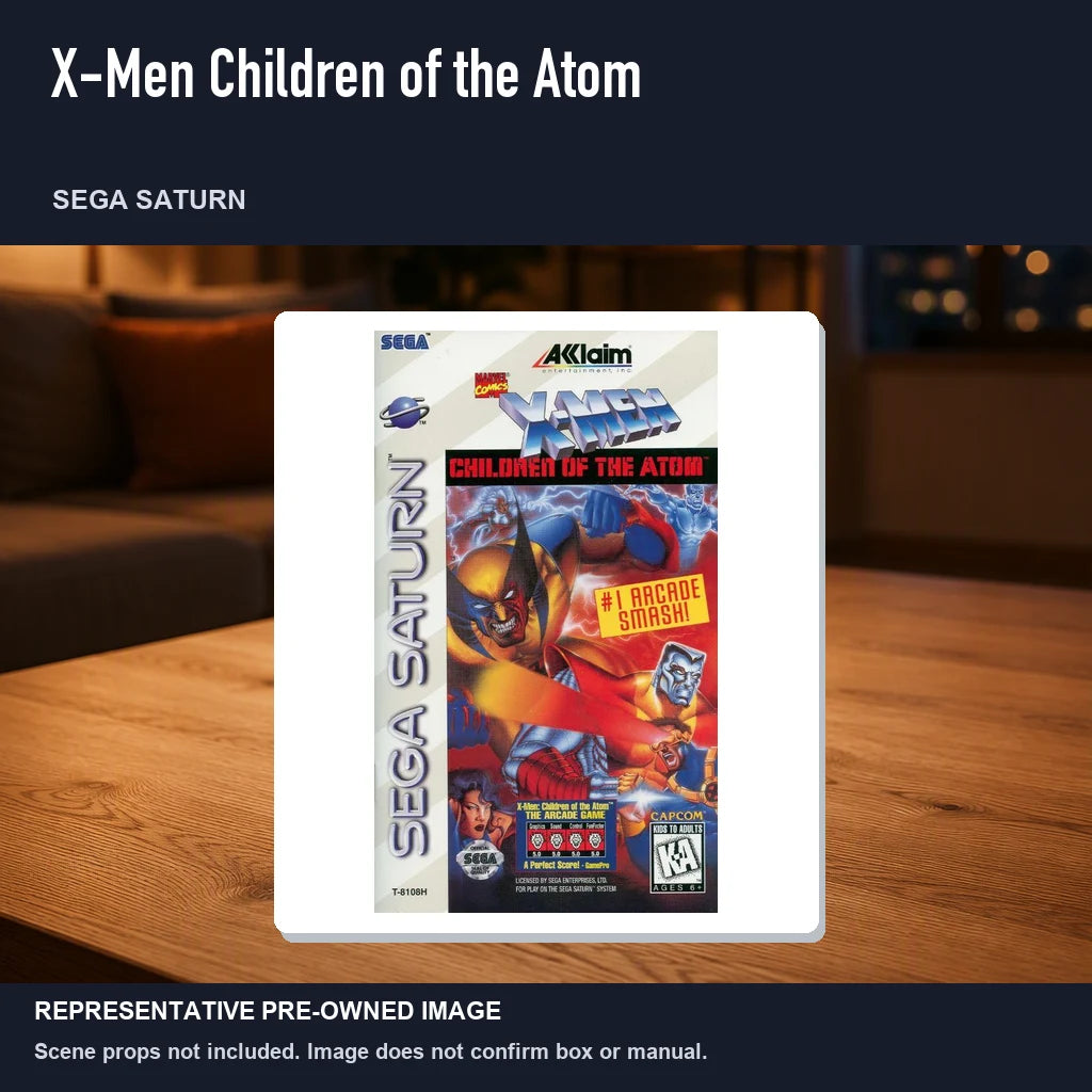 Representative pre-owned X-Men Children of the Atom (Sega Saturn), product image in a styled room scene.