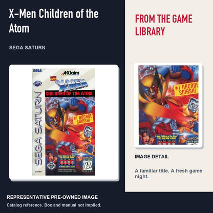 Representative pre-owned X-Men Children of the Atom (Sega Saturn), editorial image and detail.
