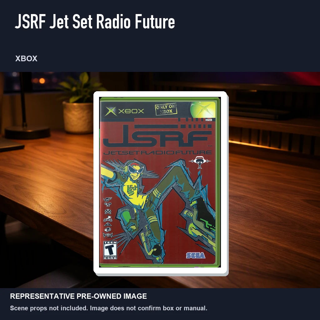 Representative pre-owned JSRF Jet Set Radio Future (Xbox), product image in a styled desk scene.
