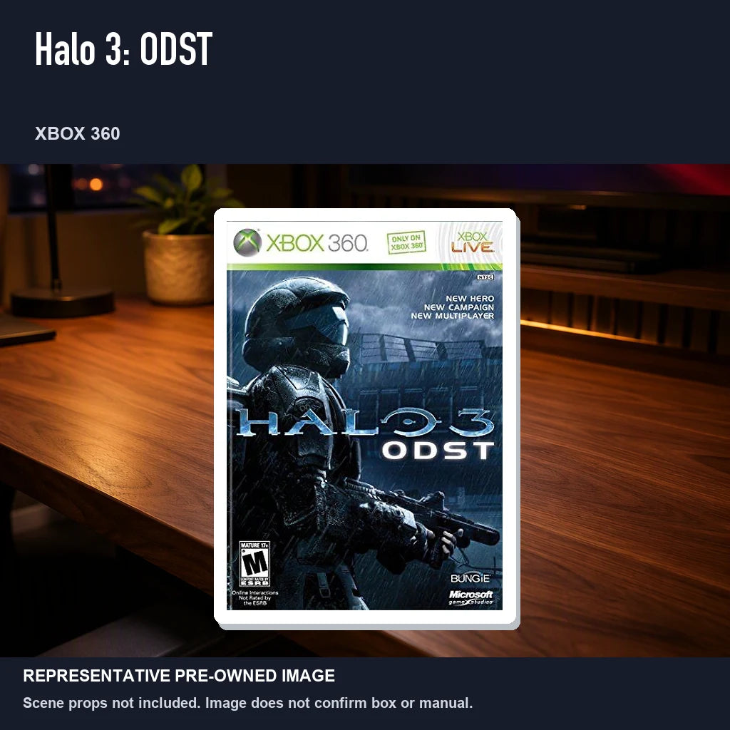 Representative pre-owned Halo 3: ODST (Xbox 360), product image in a styled desk scene.