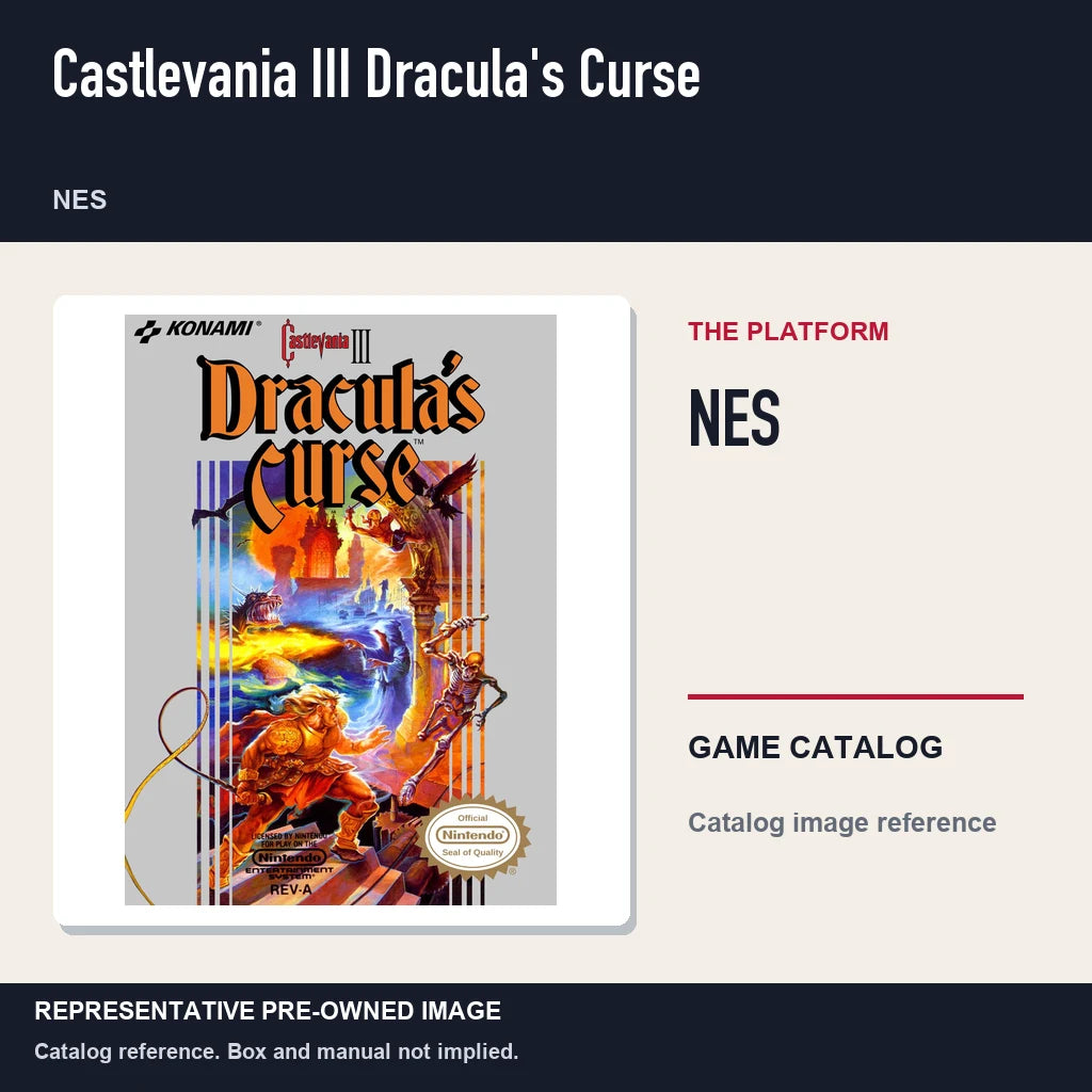Representative pre-owned Castlevania III Dracula's Curse (NES), platform product layout.