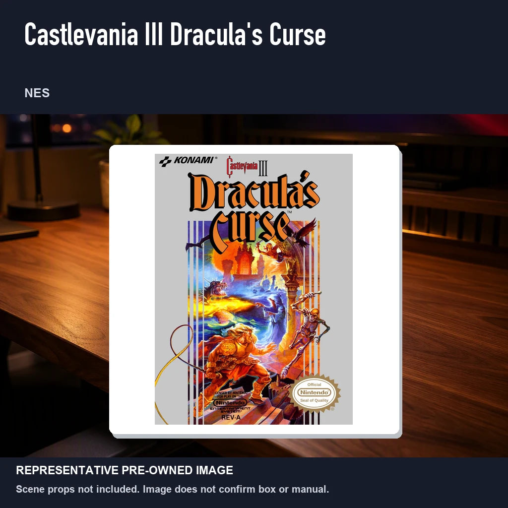 Representative pre-owned Castlevania III Dracula's Curse (NES), product image in a styled desk scene.