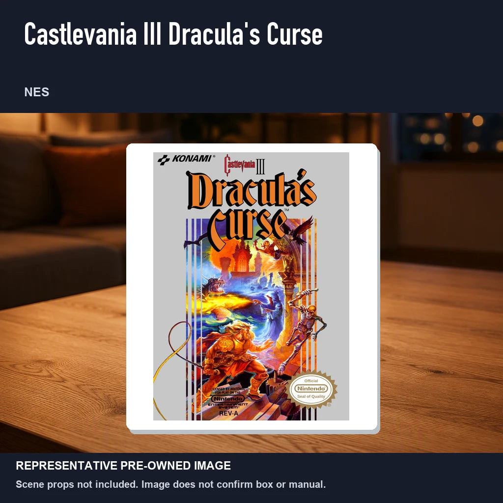 Representative pre-owned Castlevania III Dracula's Curse (NES), product image in a styled room scene.