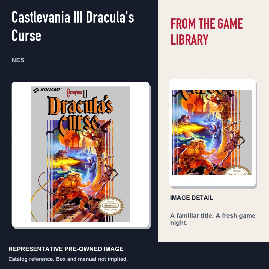 Representative pre-owned Castlevania III Dracula's Curse (NES), editorial image and detail.
