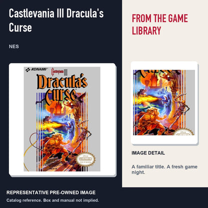 Representative pre-owned Castlevania III Dracula's Curse (NES), editorial image and detail.