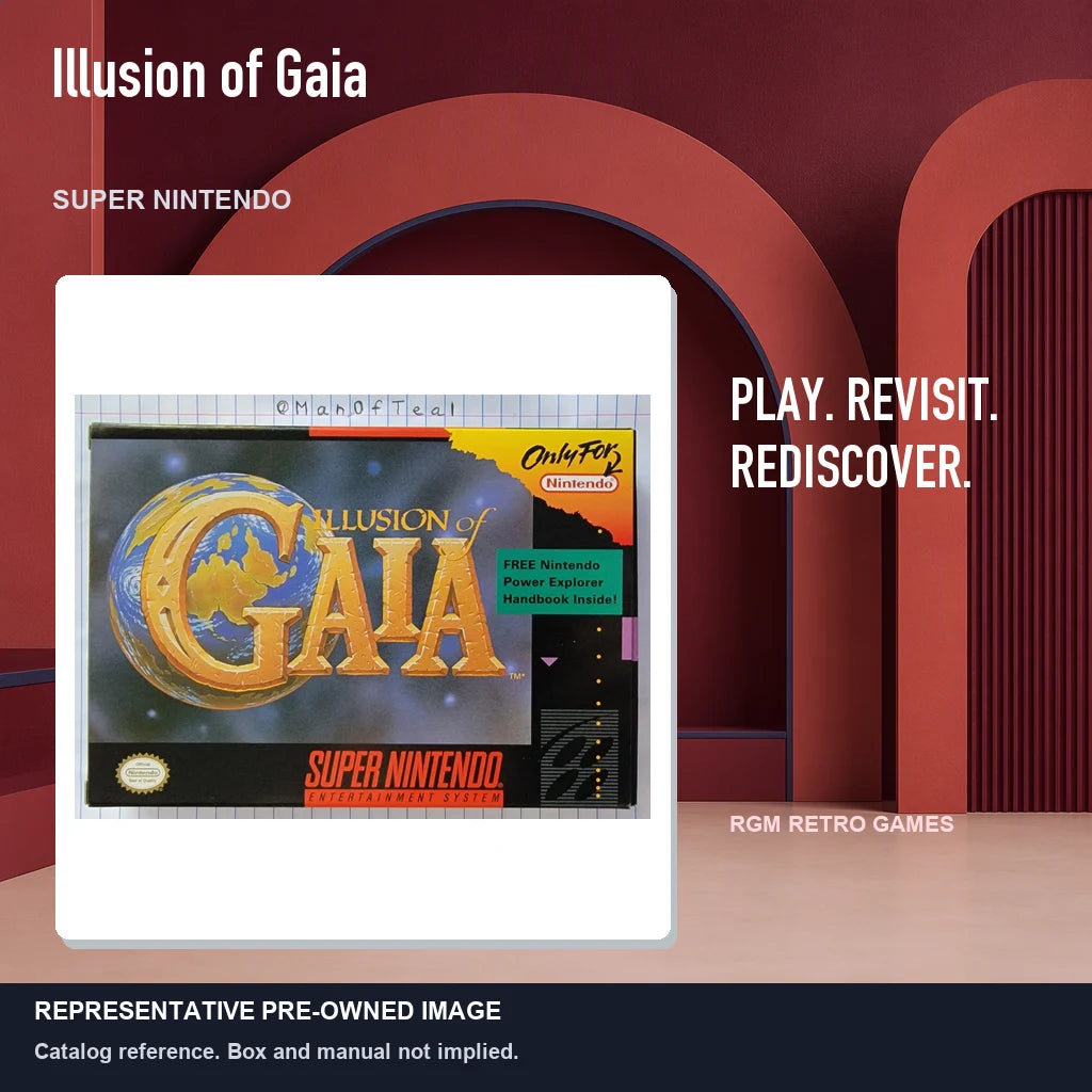 Representative pre-owned Illusion of Gaia (Super Nintendo), red retro product layout.