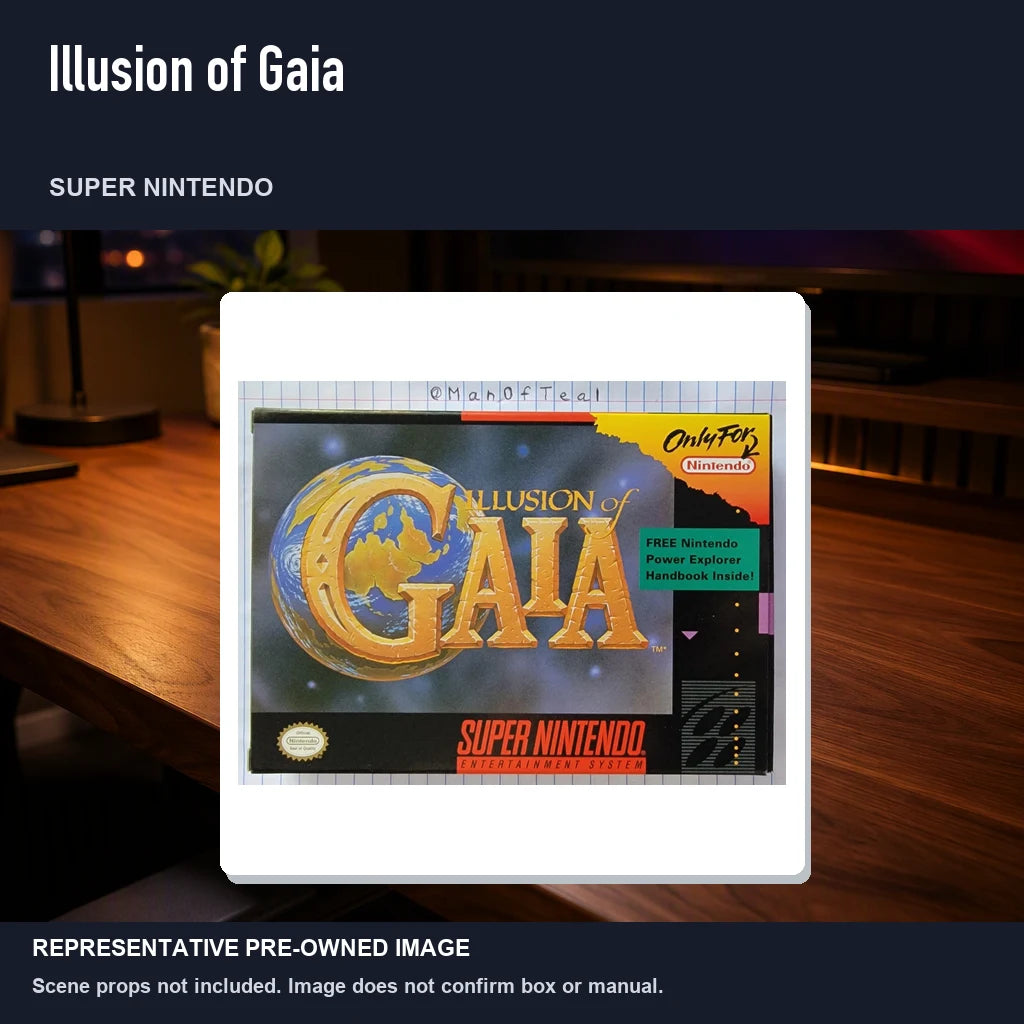 Representative pre-owned Illusion of Gaia (Super Nintendo), product image in a styled desk scene.