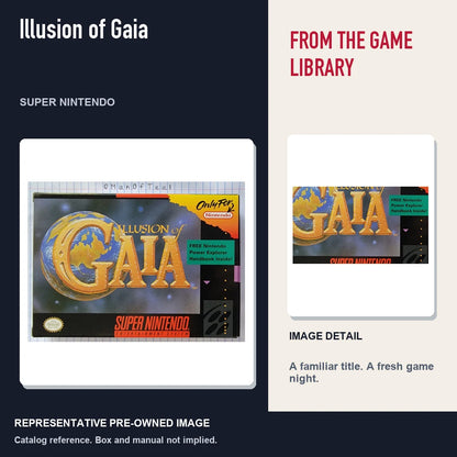Representative pre-owned Illusion of Gaia (Super Nintendo), editorial image and detail.
