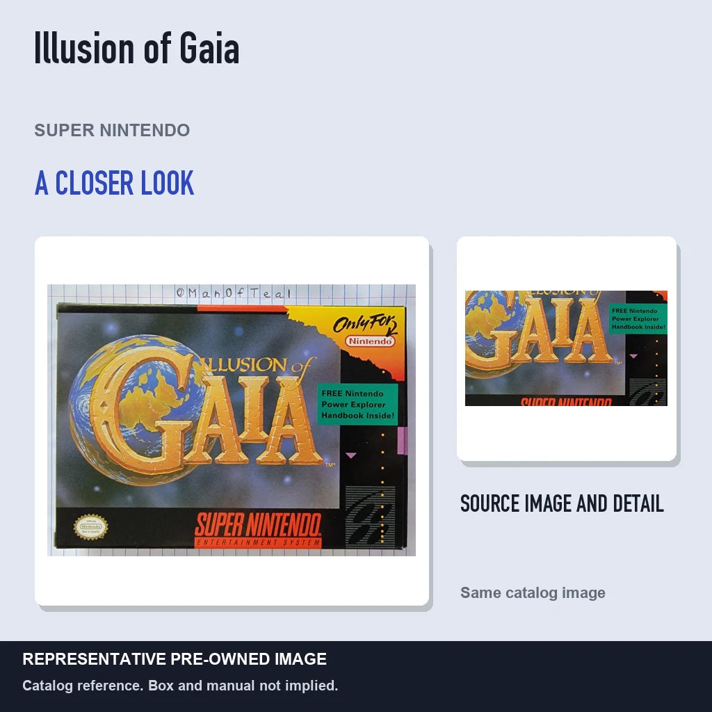 Representative pre-owned Illusion of Gaia (Super Nintendo), full image with detail inset.