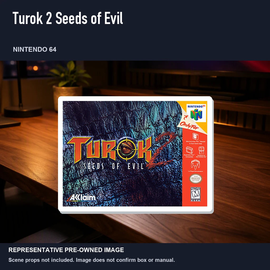 Representative pre-owned Turok 2 Seeds of Evil (Nintendo 64), product image in a styled desk scene.