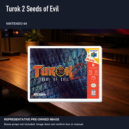 Representative pre-owned Turok 2 Seeds of Evil (Nintendo 64), product image in a styled desk scene.