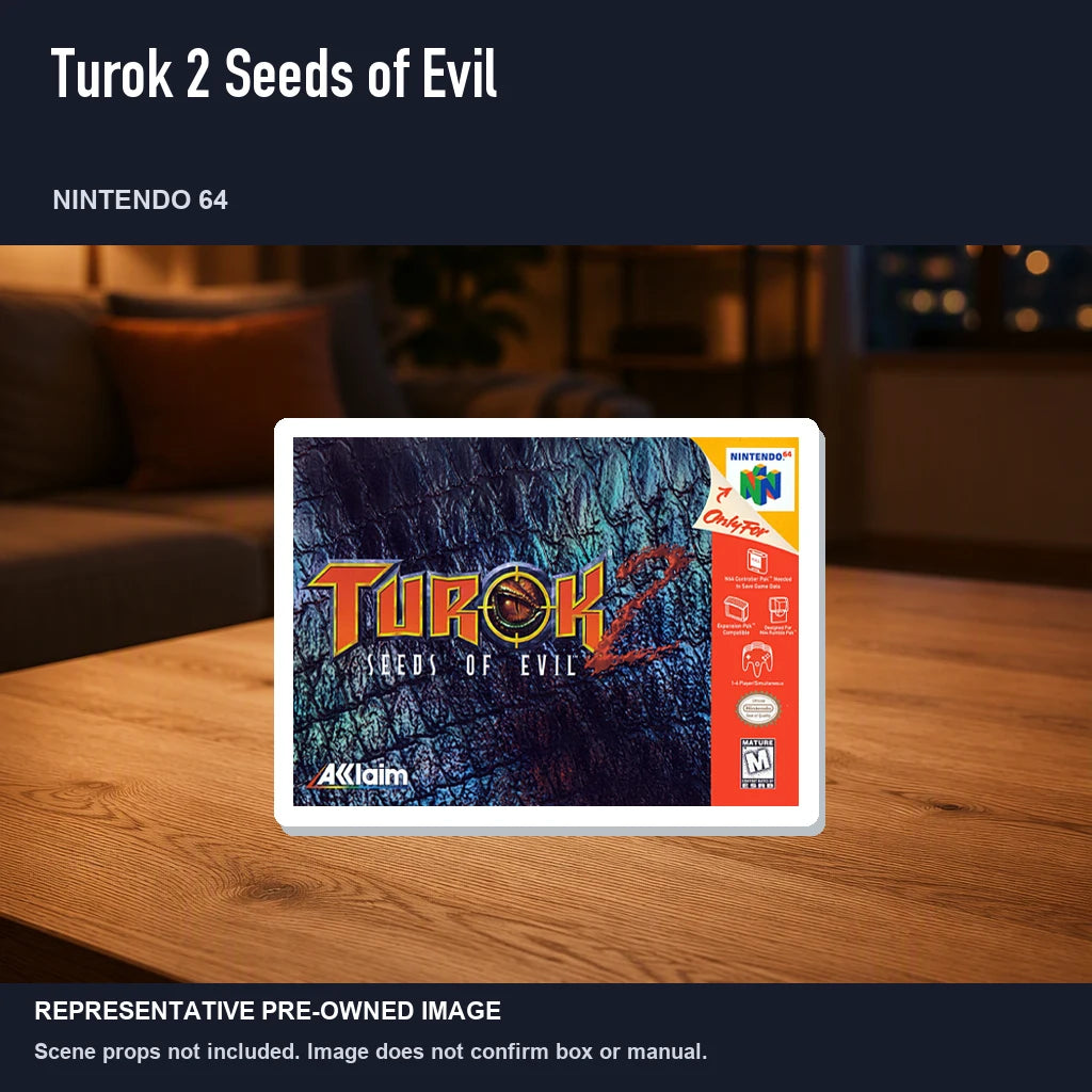 Representative pre-owned Turok 2 Seeds of Evil (Nintendo 64), product image in a styled room scene.