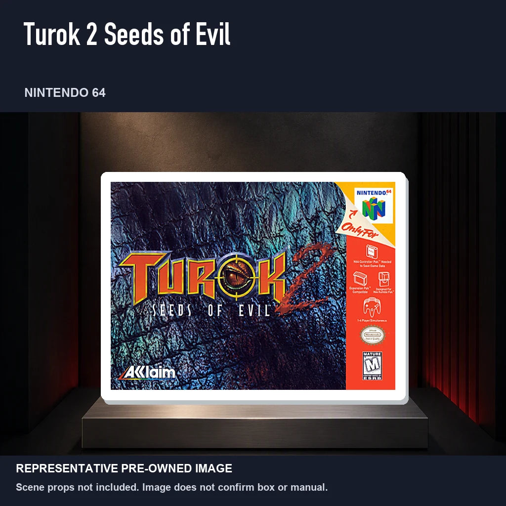 Representative pre-owned Turok 2 Seeds of Evil (Nintendo 64), product image on a display panel.