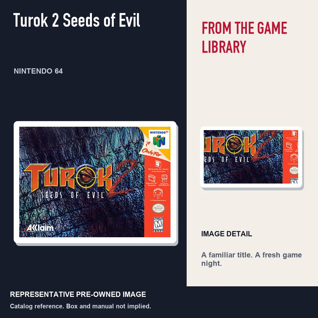 Representative pre-owned Turok 2 Seeds of Evil (Nintendo 64), editorial image and detail.