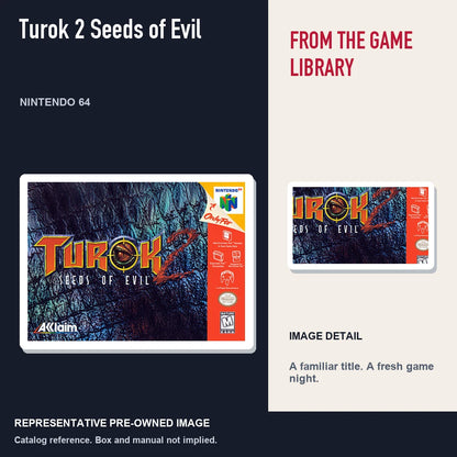 Representative pre-owned Turok 2 Seeds of Evil (Nintendo 64), editorial image and detail.
