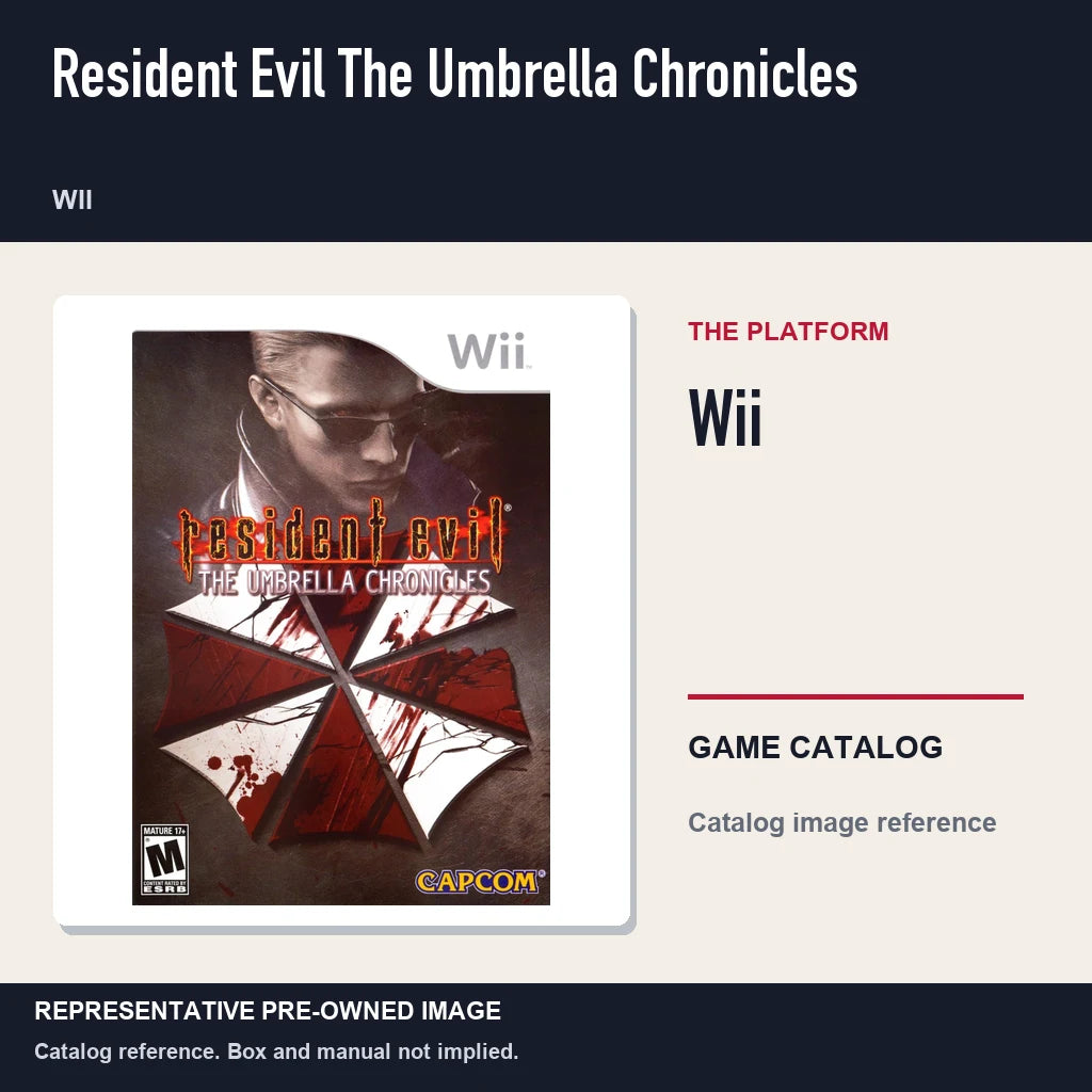 Representative pre-owned Resident Evil The Umbrella Chronicles (Wii), platform product layout.