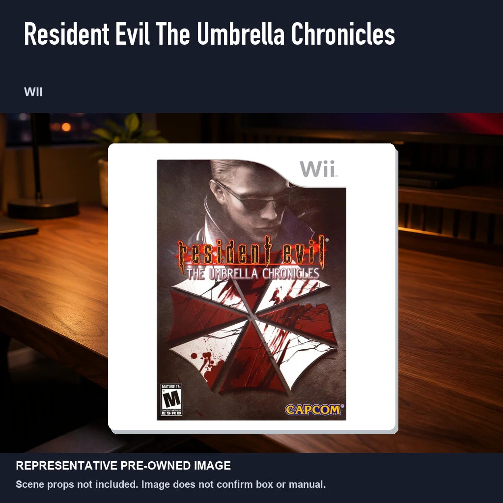 Representative pre-owned Resident Evil The Umbrella Chronicles (Wii), product image in a styled desk scene.