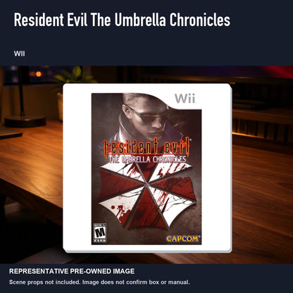 Representative pre-owned Resident Evil The Umbrella Chronicles (Wii), product image in a styled desk scene.