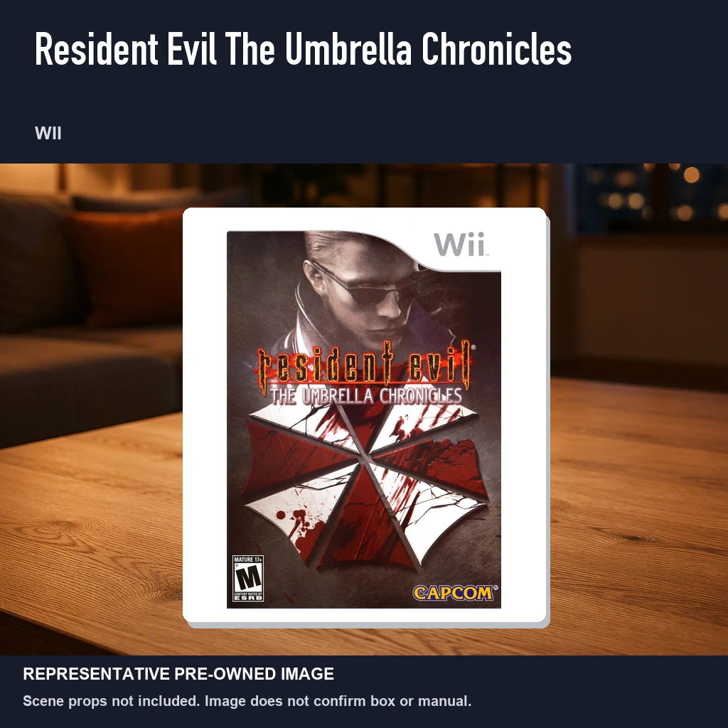 Representative pre-owned Resident Evil The Umbrella Chronicles (Wii), product image in a styled room scene.