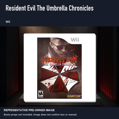 Representative pre-owned Resident Evil The Umbrella Chronicles (Wii), product image on a display panel.