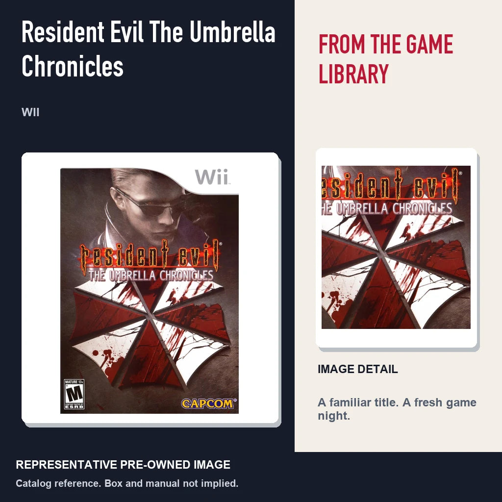 Representative pre-owned Resident Evil The Umbrella Chronicles (Wii), editorial image and detail.