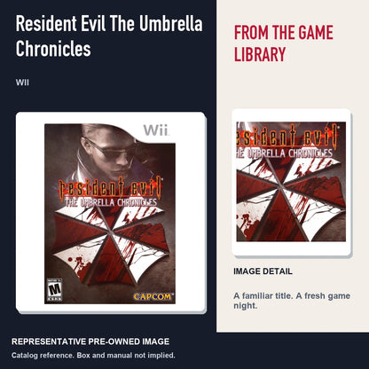 Representative pre-owned Resident Evil The Umbrella Chronicles (Wii), editorial image and detail.