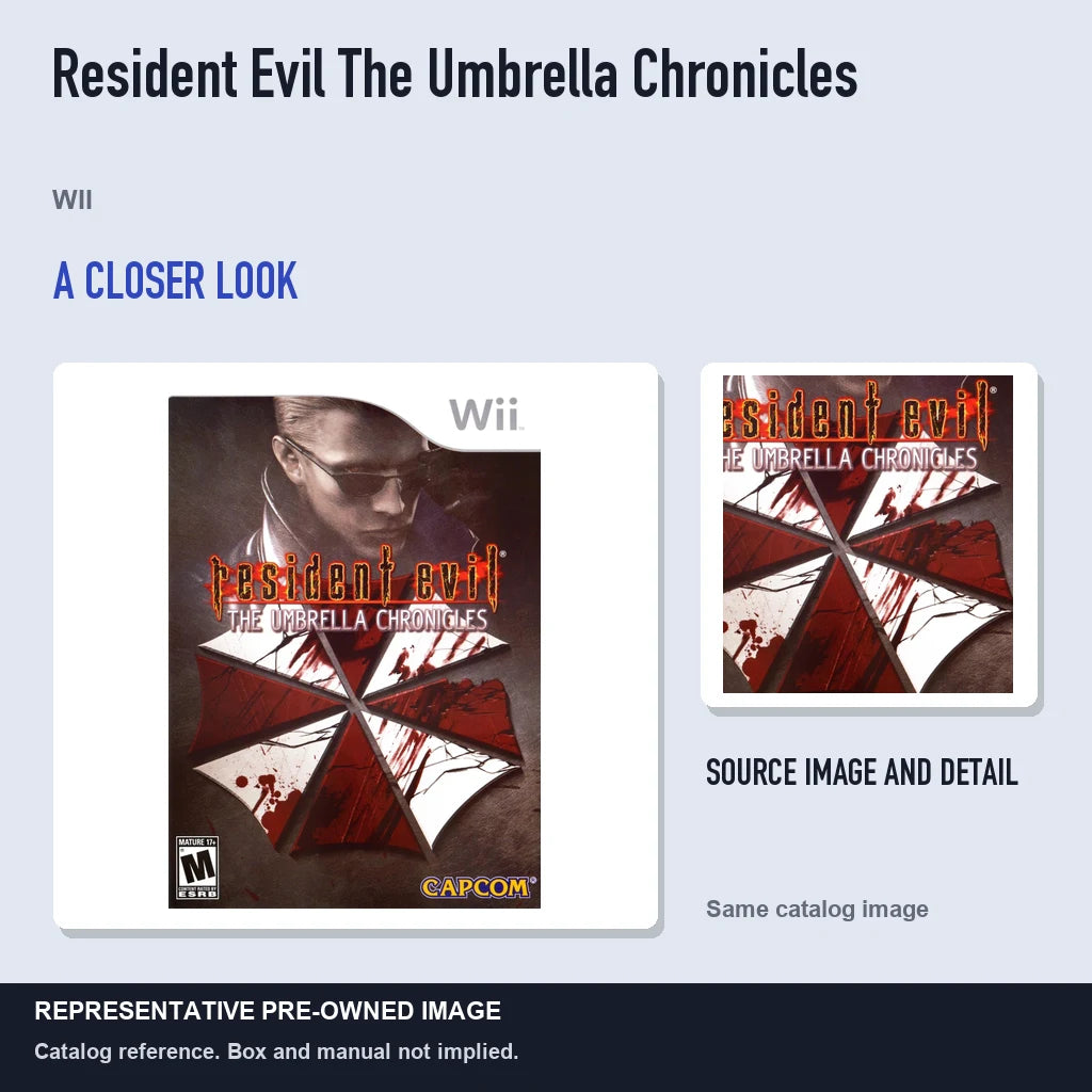 Representative pre-owned Resident Evil The Umbrella Chronicles (Wii), full image with detail inset.