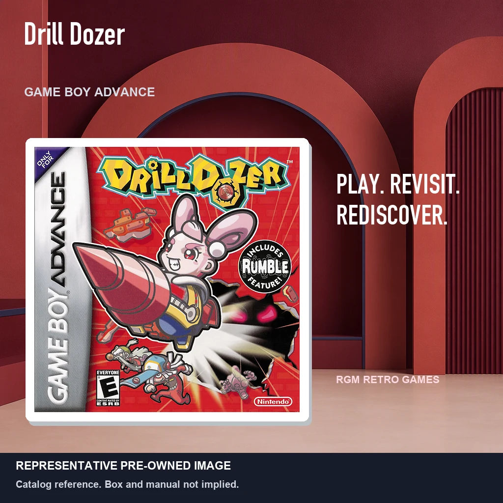Representative pre-owned Drill Dozer (Game Boy Advance), red retro product layout.