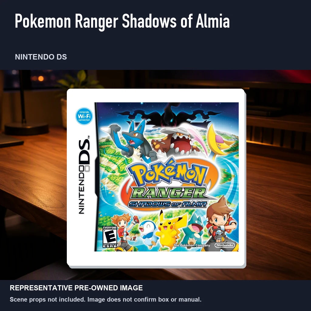 Representative pre-owned Pokemon Ranger Shadows of Almia (Nintendo DS), product image in a styled desk scene.