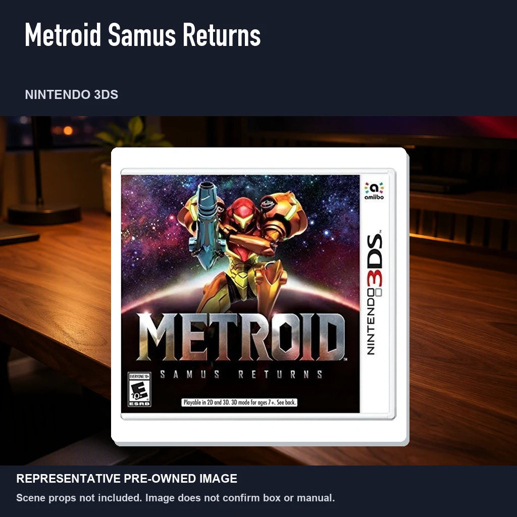 Representative pre-owned Metroid Samus Returns (Nintendo 3DS), product image in a styled desk scene.
