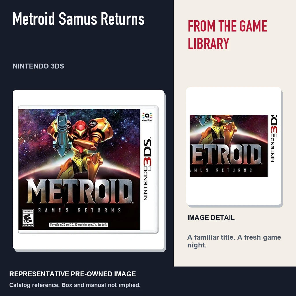 Representative pre-owned Metroid Samus Returns (Nintendo 3DS), editorial image and detail.