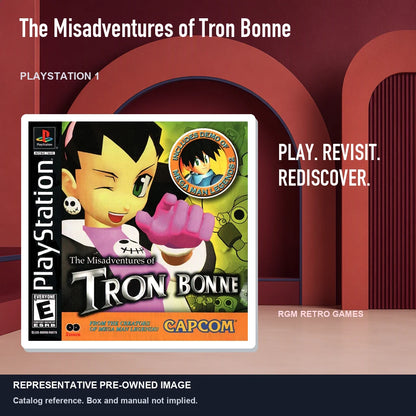 Representative pre-owned The Misadventures of Tron Bonne (PlayStation 1), red retro product layout.