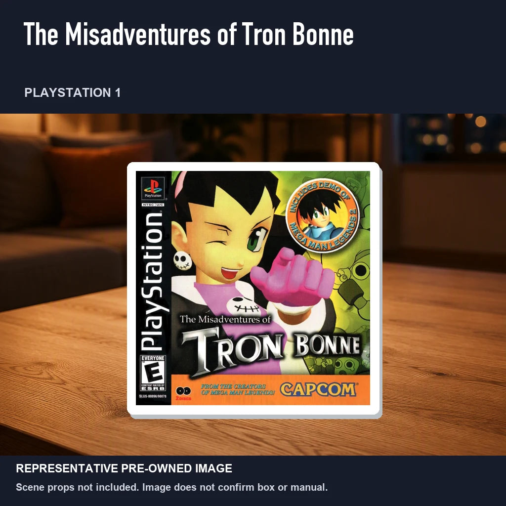 Representative pre-owned The Misadventures of Tron Bonne (PlayStation 1), product image in a styled room scene.