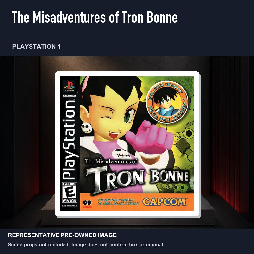 Representative pre-owned The Misadventures of Tron Bonne (PlayStation 1), product image on a display panel.