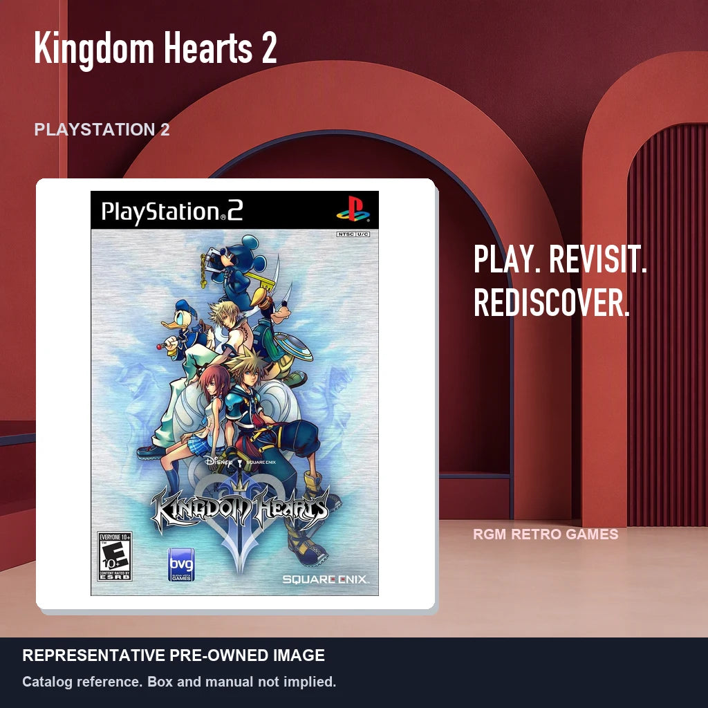 Representative pre-owned Kingdom Hearts 2 (PlayStation 2), red retro product layout.