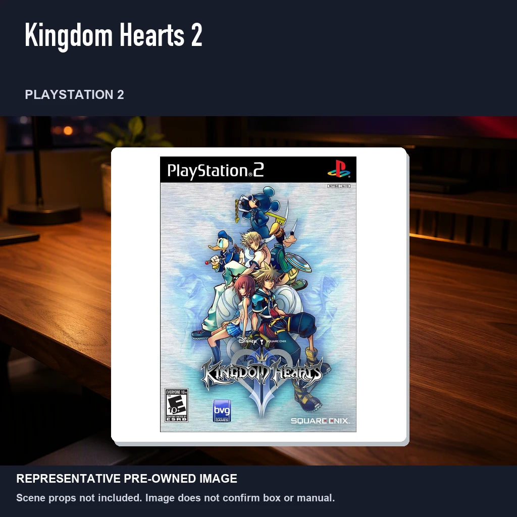 Representative pre-owned Kingdom Hearts 2 (PlayStation 2), product image in a styled desk scene.