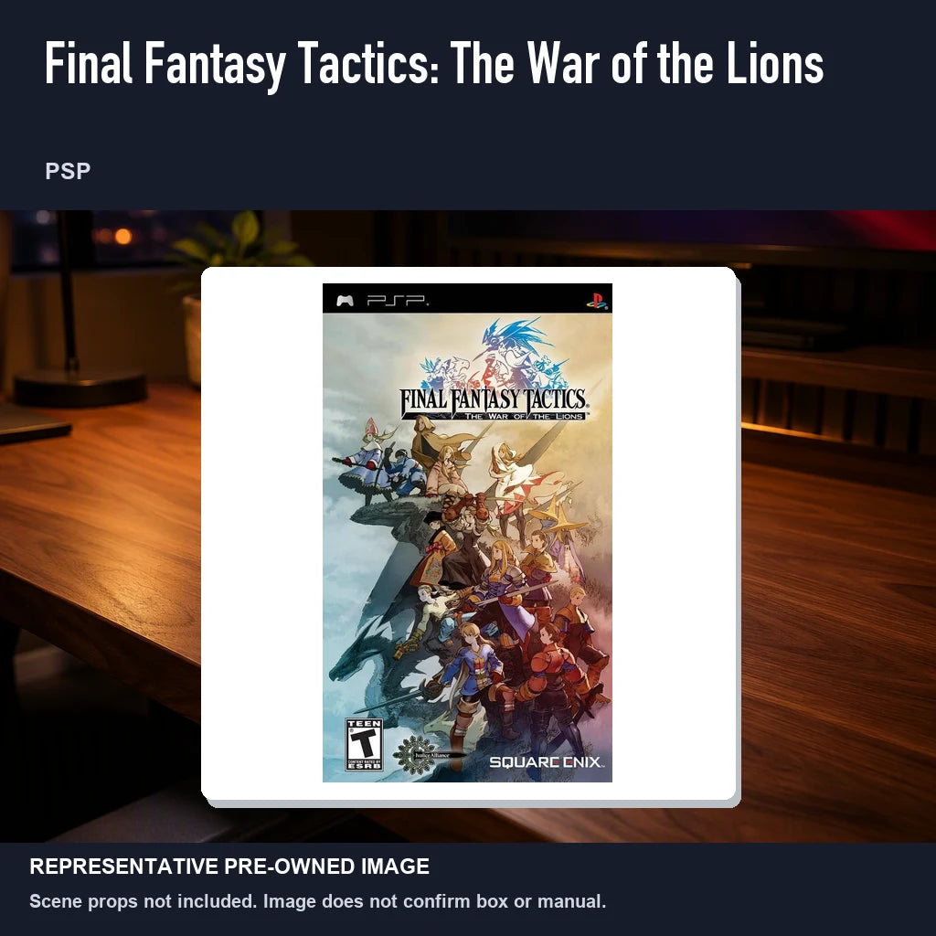 Representative pre-owned Final Fantasy Tactics: The War of the Lions (PSP), product image in a styled desk scene.