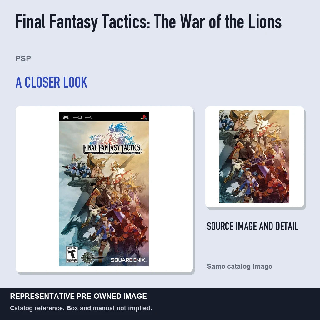 Representative pre-owned Final Fantasy Tactics: The War of the Lions (PSP), full image with detail inset.