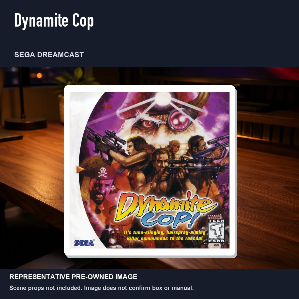 Representative pre-owned Dynamite Cop (Sega Dreamcast), product image in a styled desk scene.